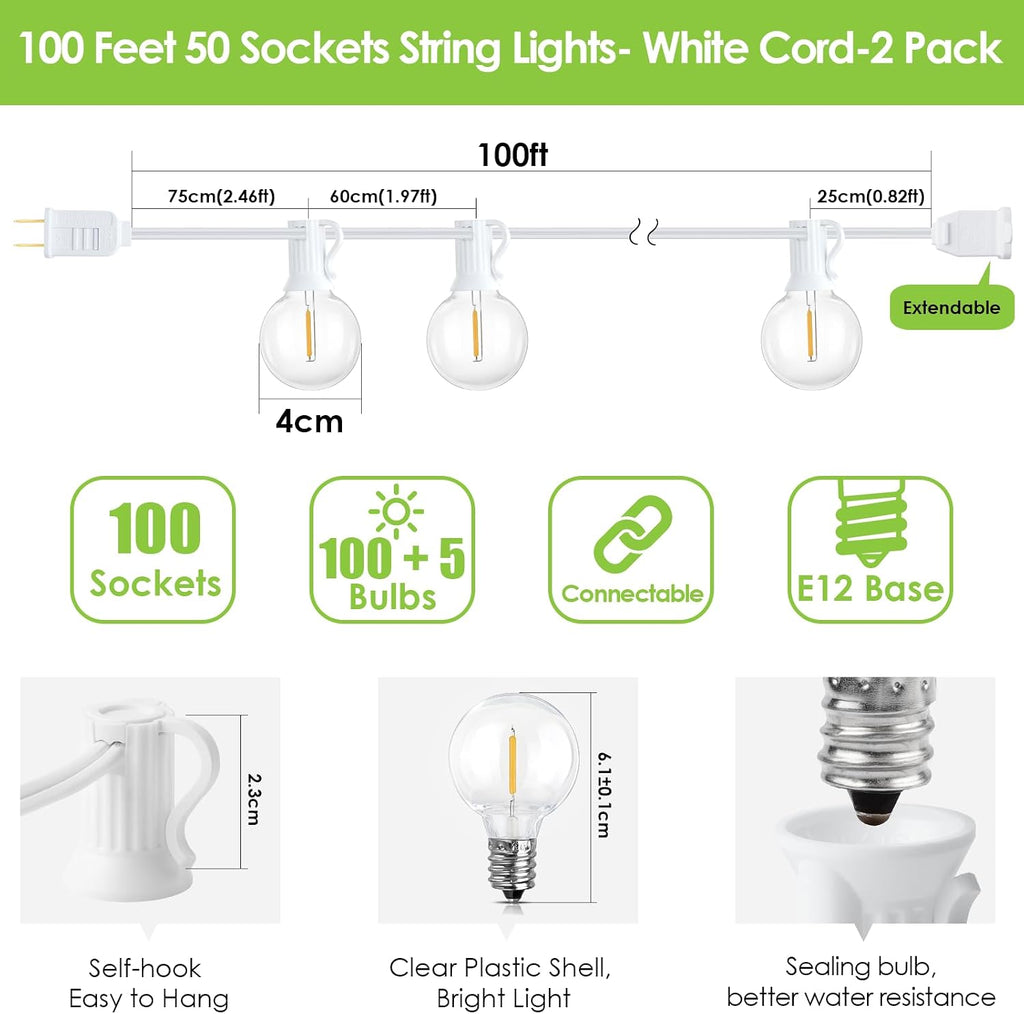 200Ft(2x100Ft) LED Outdoor String Lights, Dimmable G40 Globe Patio Lights with 100+5 2700K Waterproof Bulbs