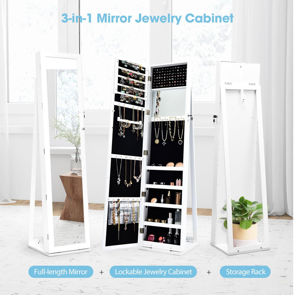 Jewelry Cabinet with Full-length Mirror, Jewelry Storage Organizer with Makeup Mirror, Back Storage Shelf, Lockable