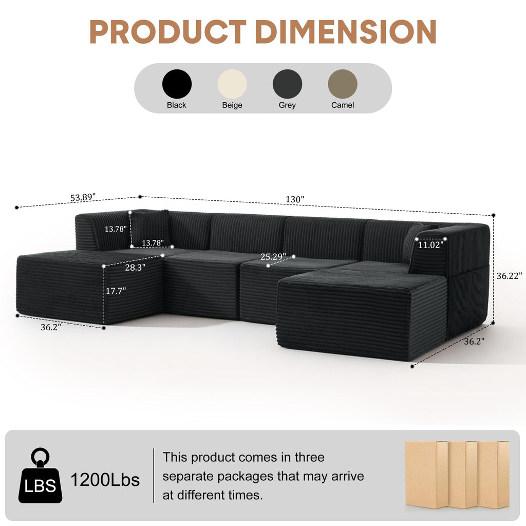 130" U-Shaped Boneless Couches with Chaise, Modular Sectional Sofa with Deep Seat, Cloud Sectional Couch Bedroom, No
