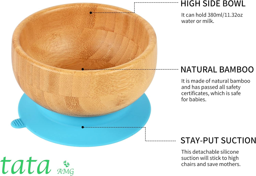 Bamboo Suction Plate & Bowl with Fork and 2 Spoons | Divided Wooden Feeding Dish for Toddlers | BPA-Free Baby Led