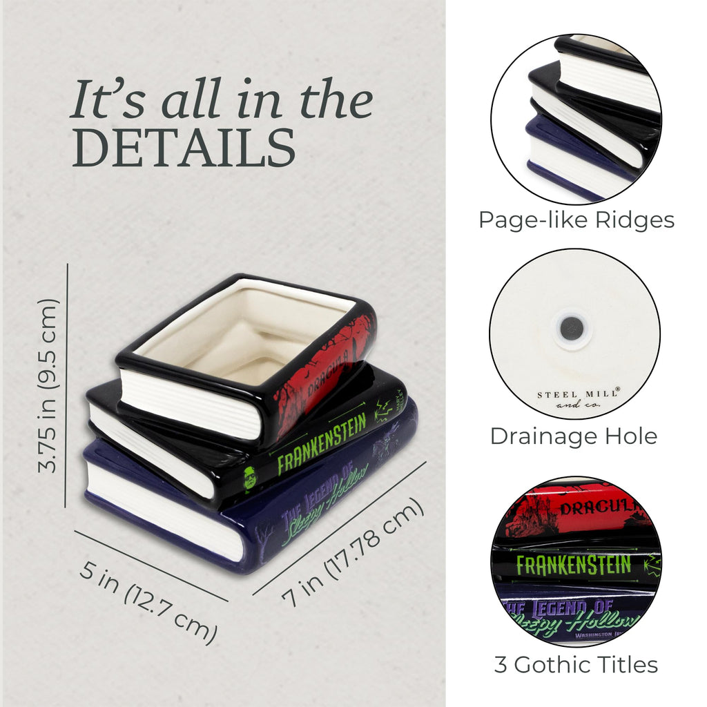 Mill & Co. Ceramic Stacked Books Planter, Gothic Halloween