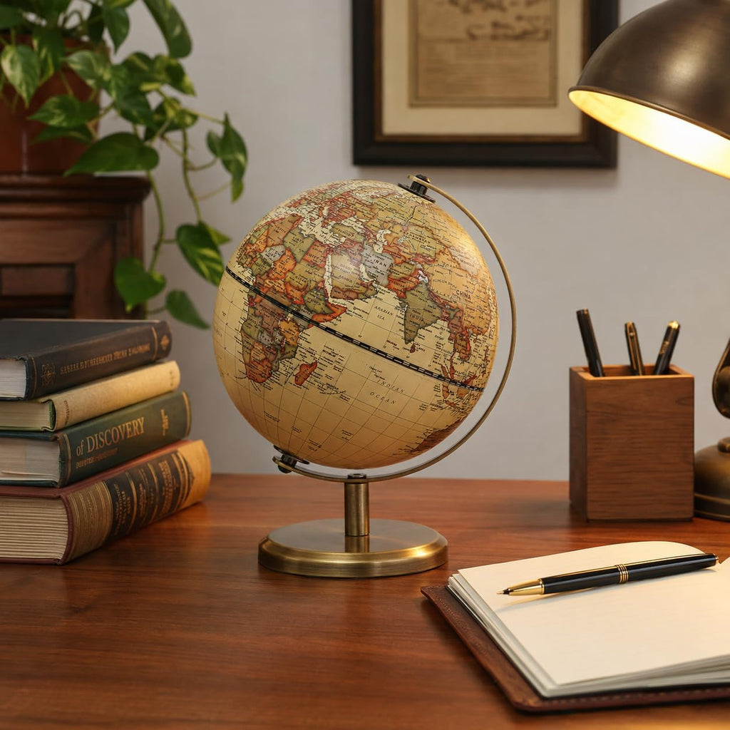 5.5 Inches Antique World Globe English Map Vintage Bronze Metal Arc