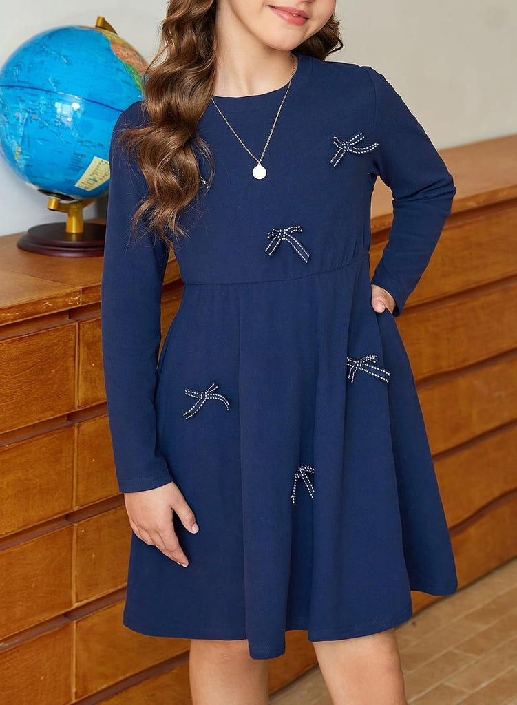 Girls Fall Dresses Long Sleeve Bow Dress with Pockets