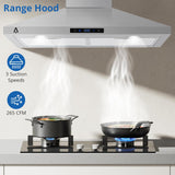 30 Inch Stainless Steel Wall Mount Range Hood 265 CFM Touch Control, LED Lights Convertible Ducted/Ductless