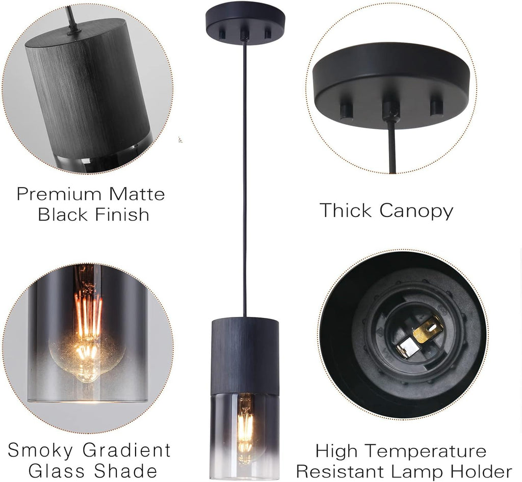 2-Pack Black Pendant Light Fixtures, Adjustable Modern Pendant Lights for Kitchen Island, Industrial Glass Pendant