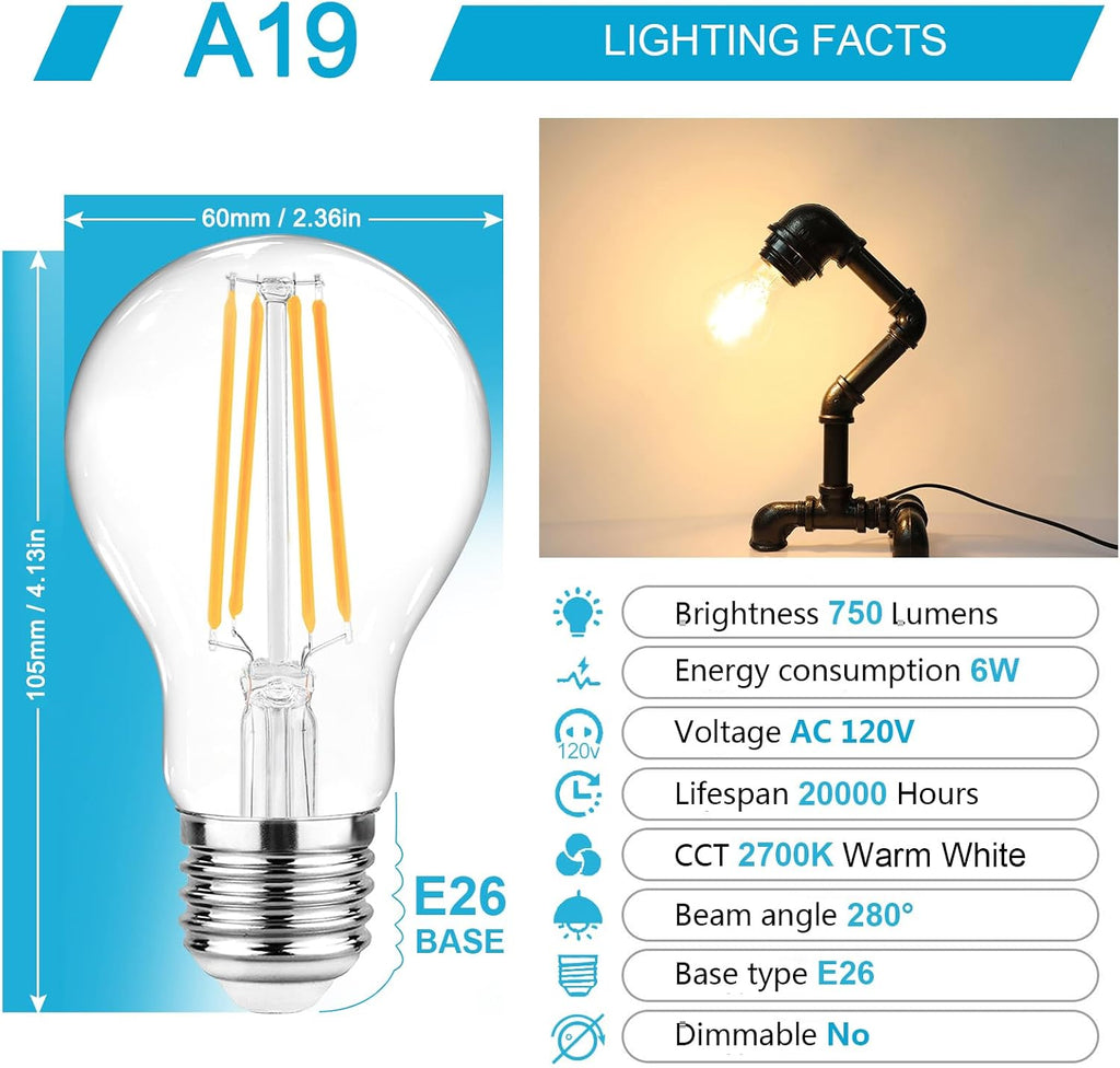 60 Watt Equivalent, E26 LED Filament Light Bulbs, Warm White 2700K, Non-Dimmable, Classic Clear Glass, A19 LED Light