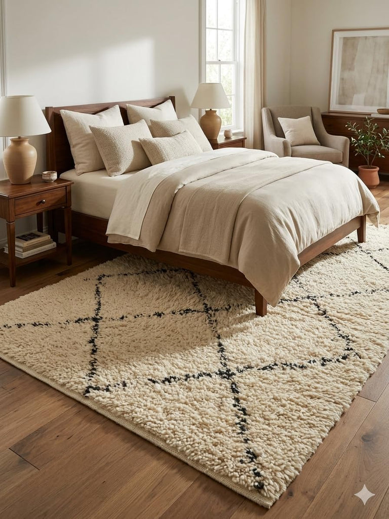 Handmade Moroccan Berber Area Rug 6' x 9', 100% Wool High Pile Shag, Beni Ourain Style, Ivory/Cream with Charcoal