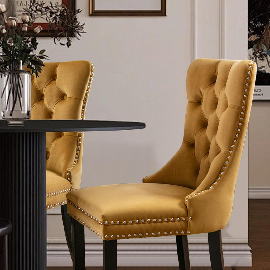 Velvet Upholstered Dining Chairs Set of 2, Modern Style Kitchen Side Chairs with Nailhead Trim and Wood Legs,Metal