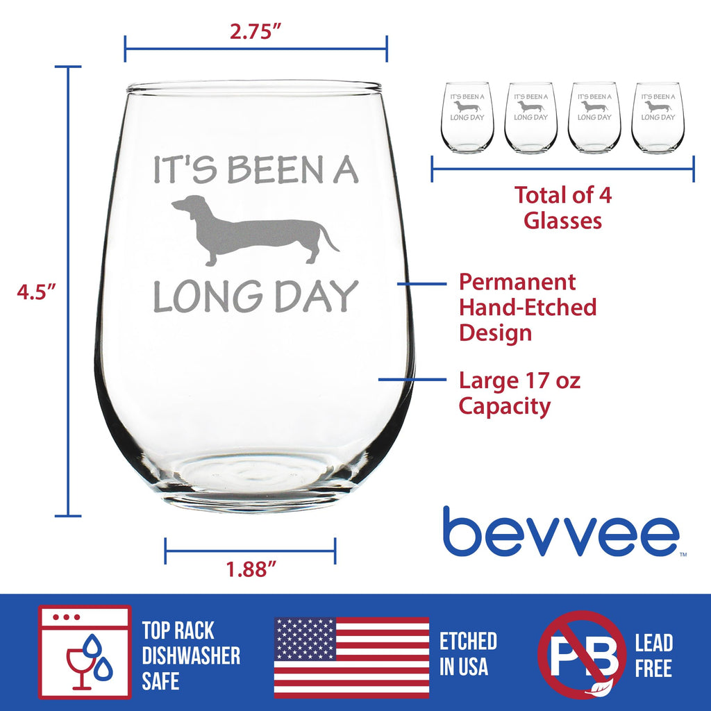 It's Been A Long Day Wine Glass for Dachshund Gifts - 17 oz - Set of 4