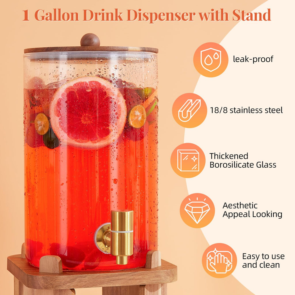 1 Gallon Glass Drink Dispenser for Parties with Stand
