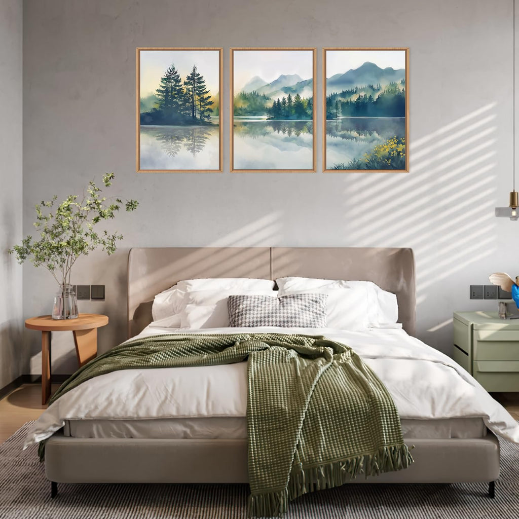 Large Green Mountain Framed Canvas Wall Art Set, Nature Foggy Forest Lake Reflection Wall Decor, Modern Pine Tree