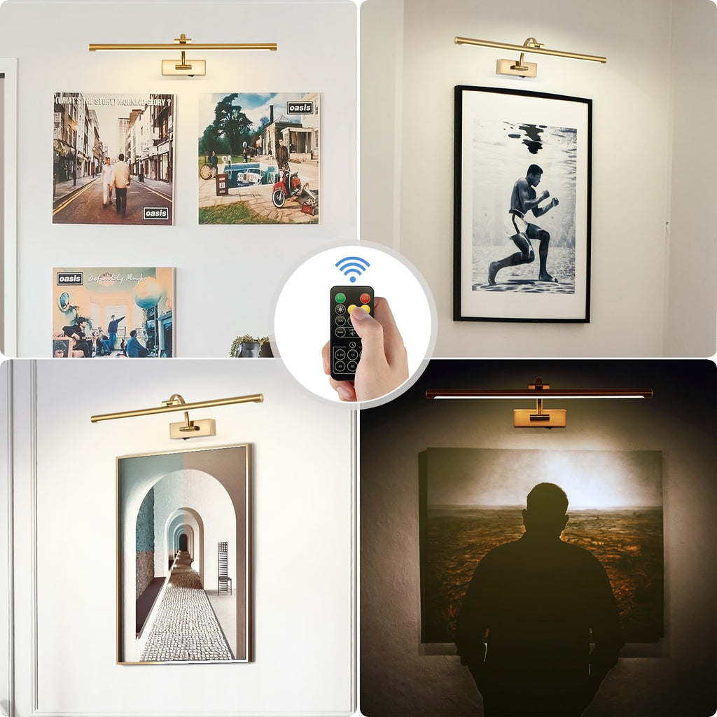Picture Light Battery Operated with Remote, 3CCT Dimmable Picture Light for Paintings, Brass Rechargeable 24 inch