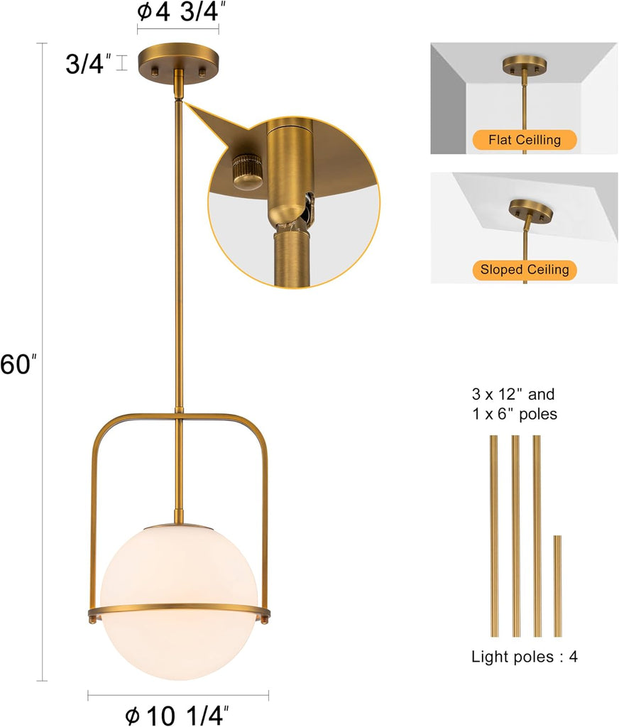 Brass Pendant Light Kitchen Island, 1-Light Modern Hanging Light Fixture, Adjustable Height Ceiling Light with