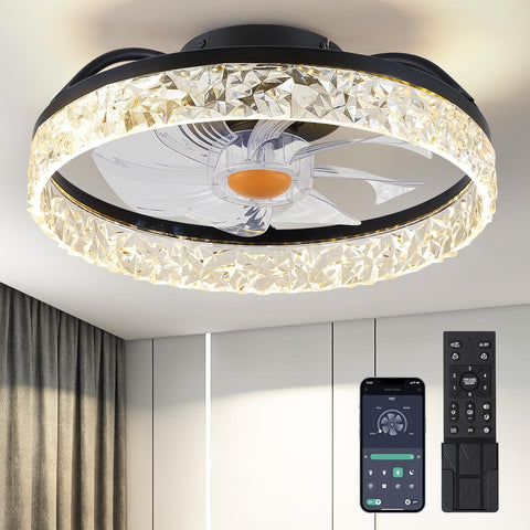 Ceiling Fans with Lights Low Profile - 15.7" Flush Mount Modern Ceiling Fans with Remote Control, Bladeless Enclosed Ceiling Fans for Indoor Bedroom, Living Room and Kitchen A101-B0DBZM7XNP