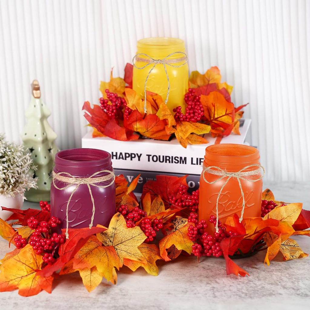 Fall Mason Jar Centerpieces for Tables - Thanksgiving Table Decorations with Autumn Leaves & Berries, Autumn Candle - Set of 3