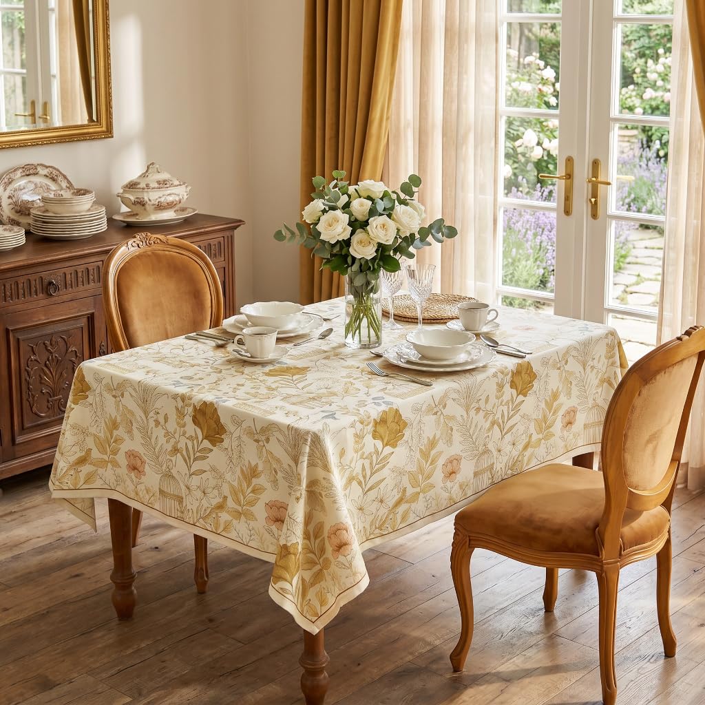 Designer French Farmhouse Fall Tablecloth, Rectangular, 87"x63"