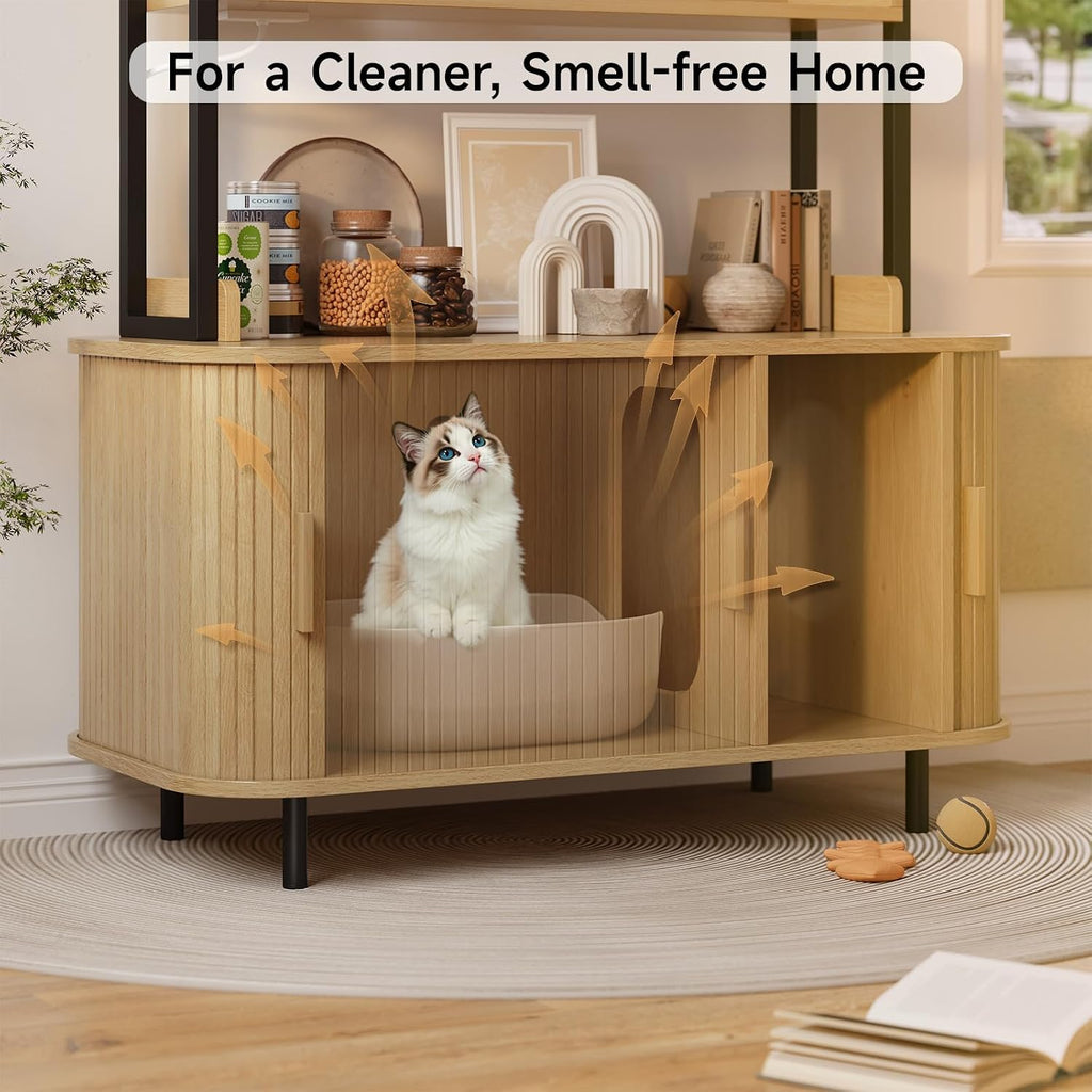 54 Inch Hidden Litter Box Furniture with Shelves and Outlets, Oak