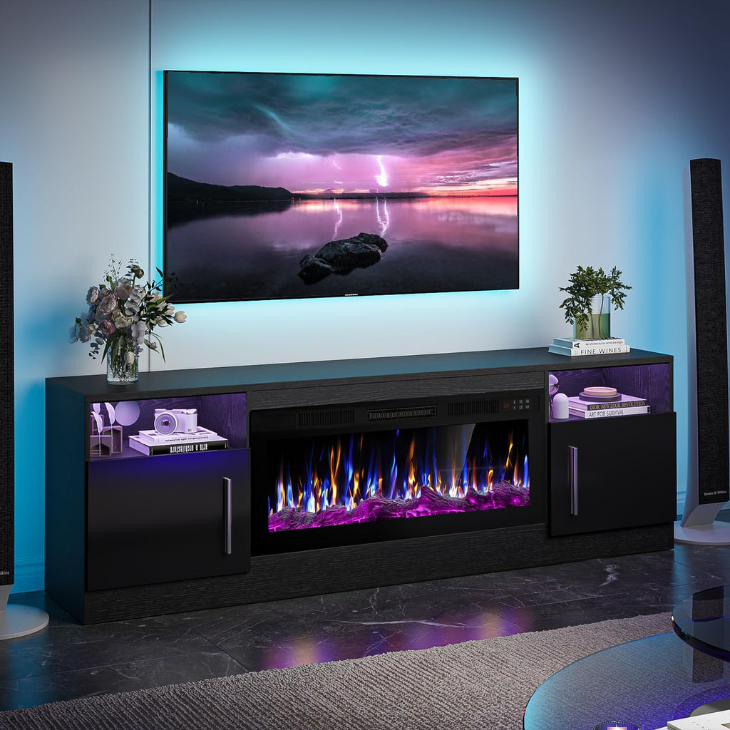 Fireplace with TV Stand 36" inch Electric Fireplace Up to 80" TVs, LED Light Entertainment Center, 70" Modern Wood