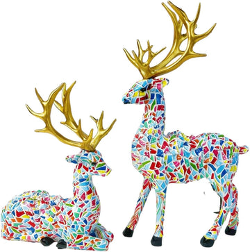 Christmas Reindeer Figurine Set of 2 - 11-inch Reindeer Christmas Party Decorations - Mosaic Painted Luxury Style