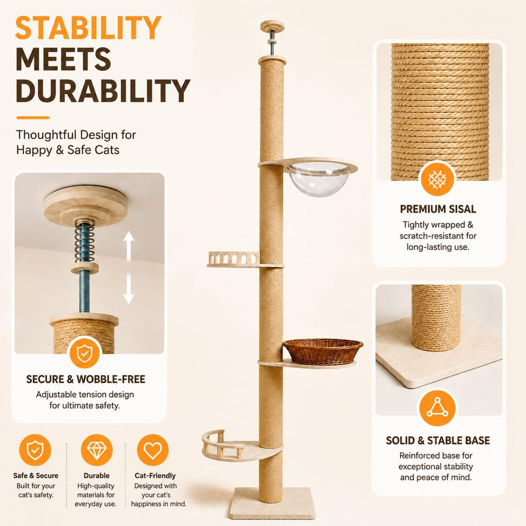 Floor to Ceiling Cat Tree for Indoor Cats, 7-9ft Adjustable Tall Cat Tower