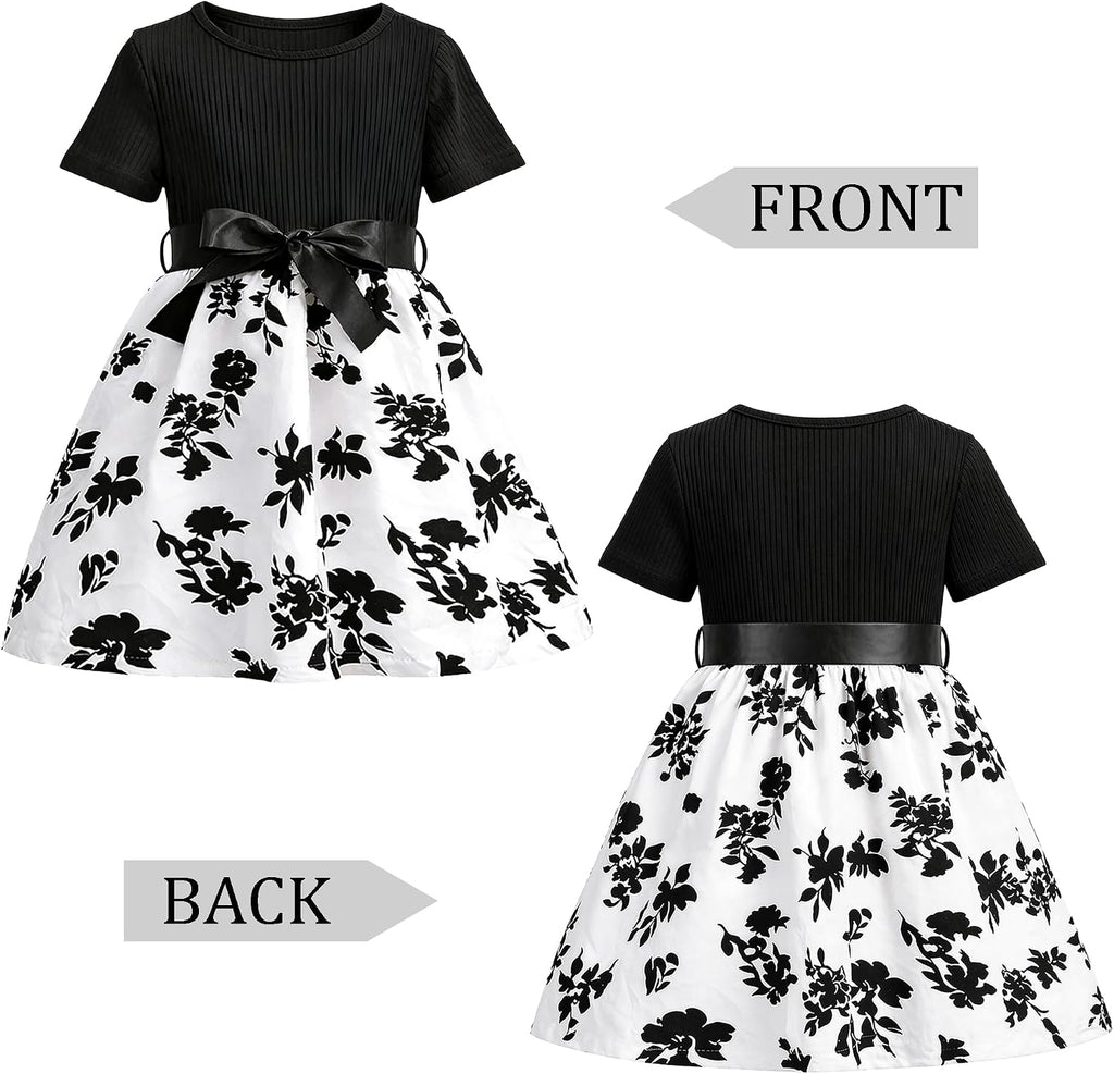 Floral A-Line Dress, Short Sleeve Twirl, Bow Waist, Kids Summer Dress