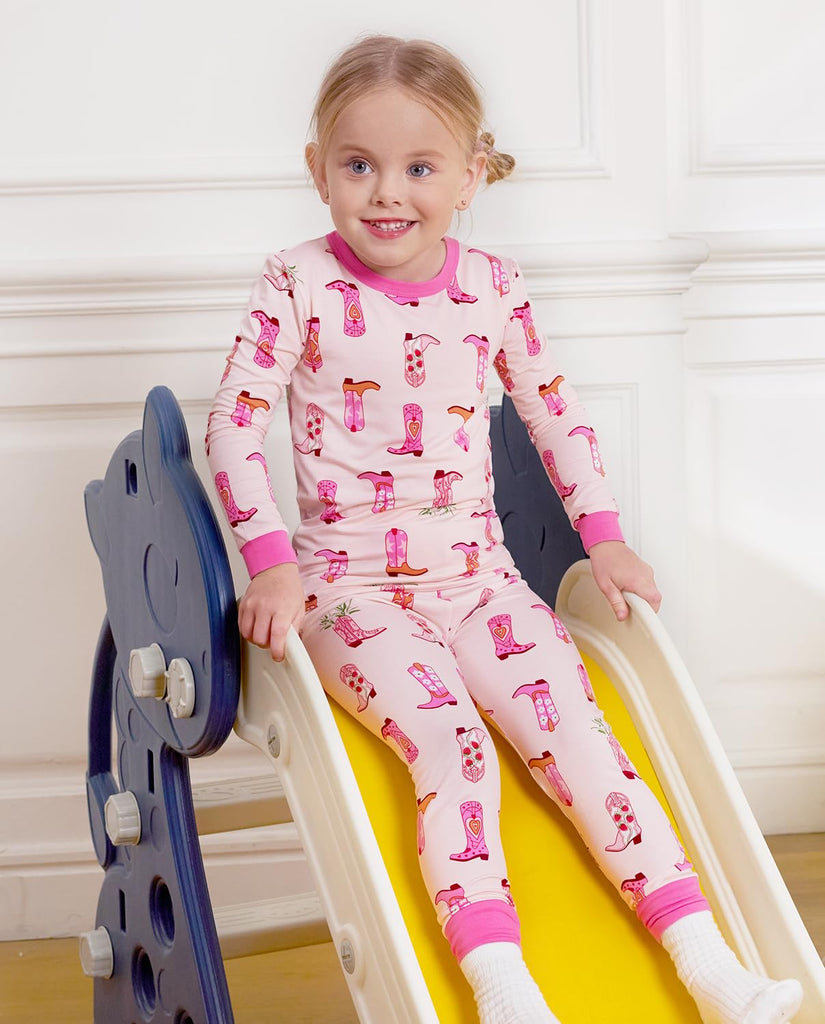 Bamboo Viscose Toddler Girls Kids Pajamas Pinky Boots Pjs Long Sleeve Snug fit 2pcs Soft Jammies