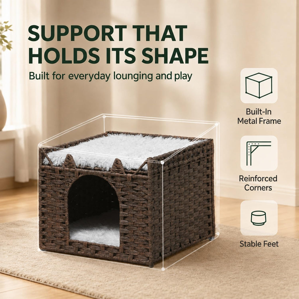 Handwoven PE Rattan Cat Bed with Ears, 2-Level Indoor Cat Cave House with 2 Removable Cushions, Foldable Hideaway