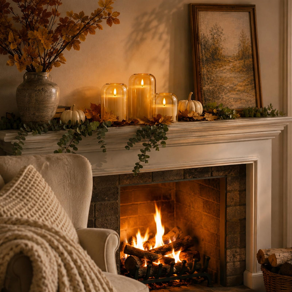 Fall Decorations, Amber Glass Flameless Candles, LED Pillar Candle