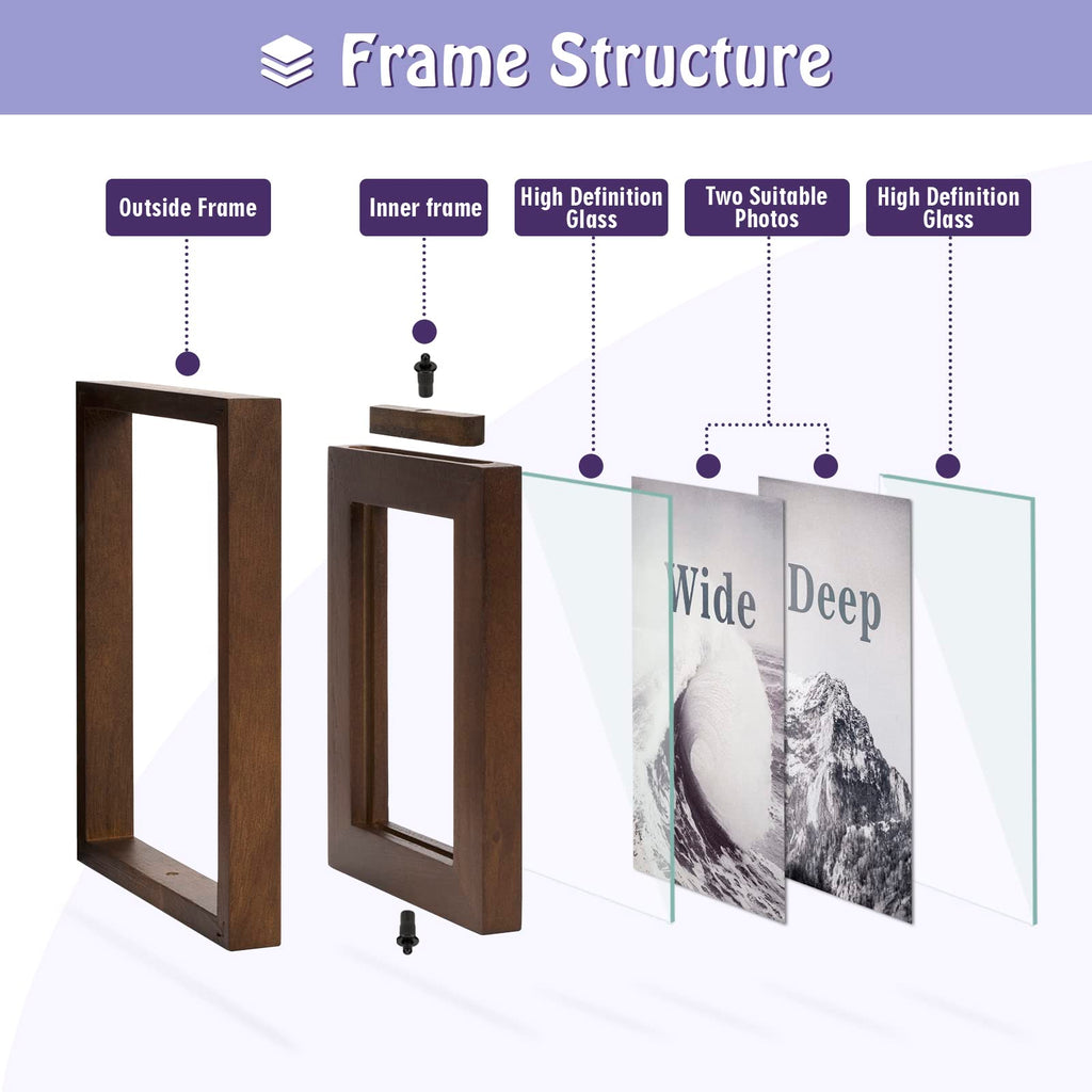 5x7 Picture Frame Rustic Wood Hinged Folding Double Photo Frame, Double Sided Display Rotatable High Definition Glass