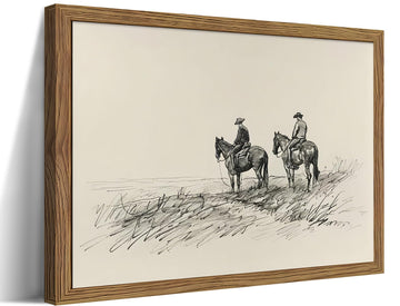 Western Wall Art, Western Wall Decor, Vintage Cowboy Art Featuring Two Horse Riders, Wood Framed Sketch Picture