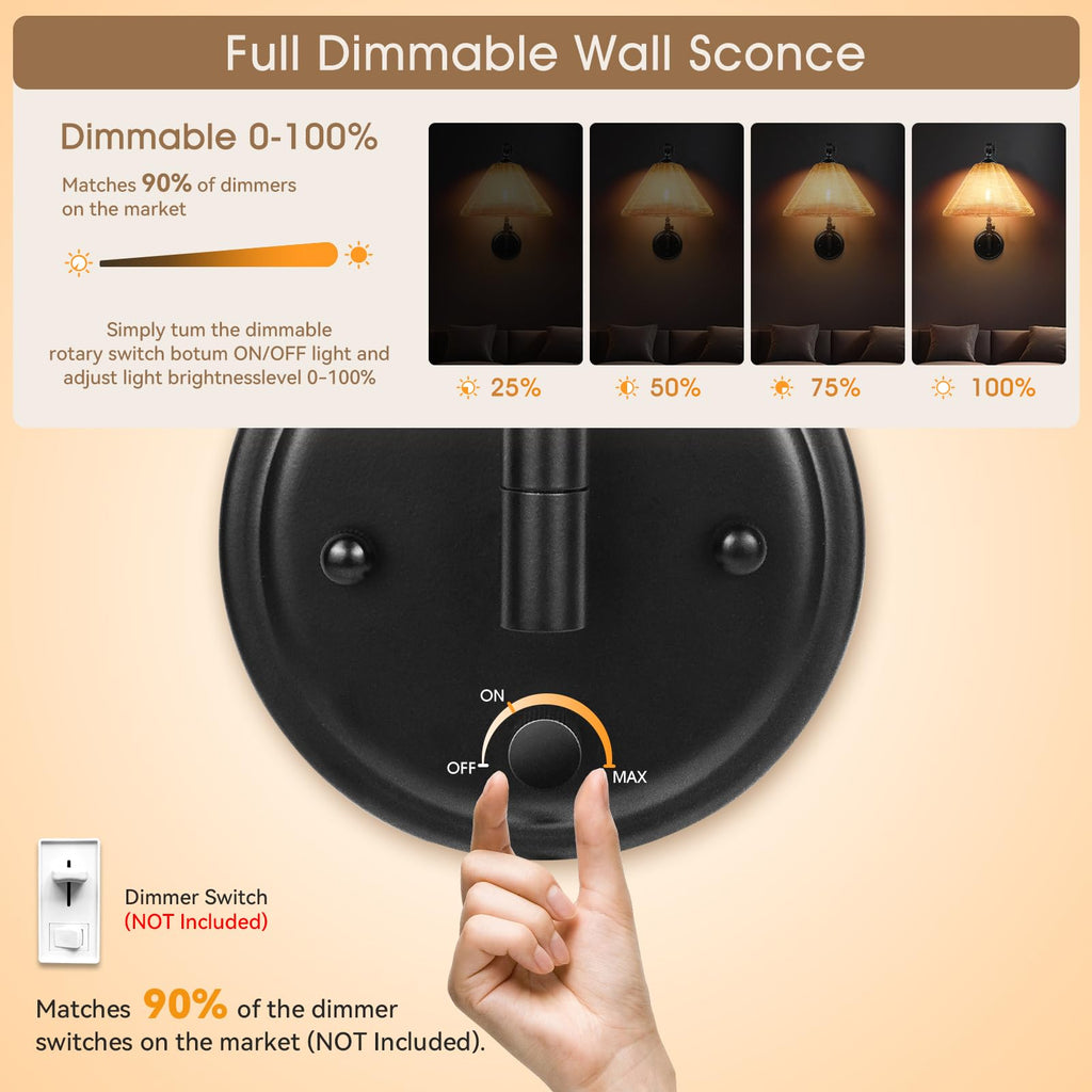 Rattan Plug in Wall Sconce Set, Plug in Cord and Dimmer