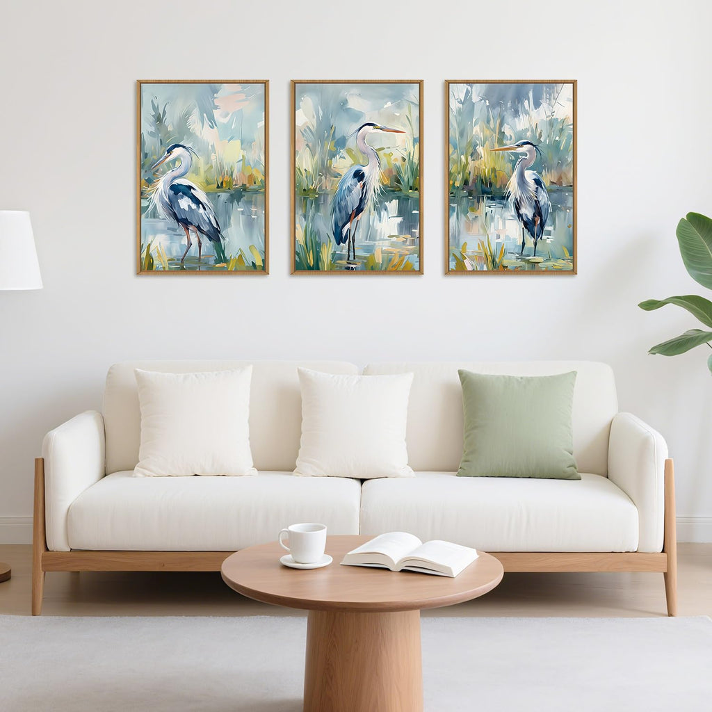 Great Blue Heron Wall Art Set of 3, Watercolor Coastal Bird Wall Decor(16x24), Wildlife Animal Illustrations Canvas