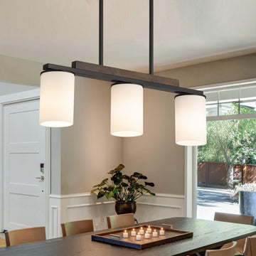 Farmhouse Dining Room Light Fixtures Over Table, Black Pendant Lights Island with Milk Glass Shade, 3 Light Linear