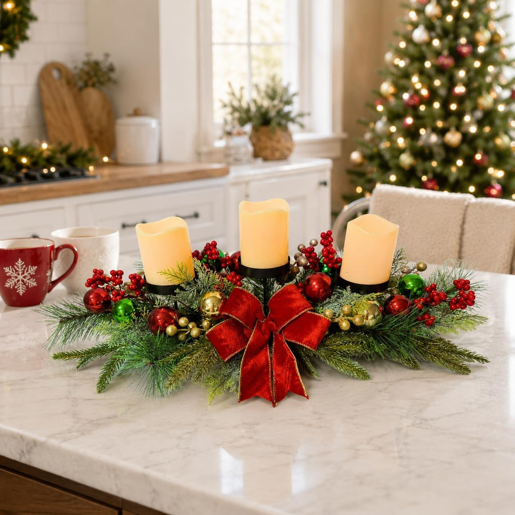 26 Inch Christmas 3 Candle Centerpiece with Red Bow and Ornaments
