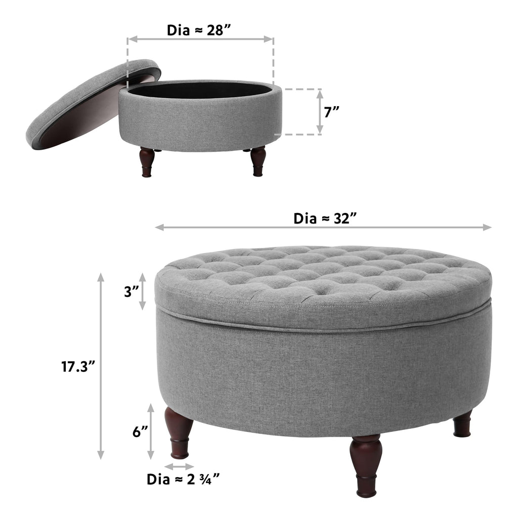 Indoor 32" Tufted Round Storage Cocktail Ottoman with Removable Lid Storage Ottoman Space-Save Table or Seat Grey