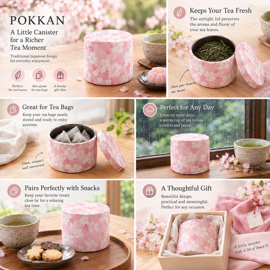 Japanese Pokkan Matcha Coffee Spice Tea Tin Canister Washi Paper Storage with Lid 7.05 oz Capacity (Han)