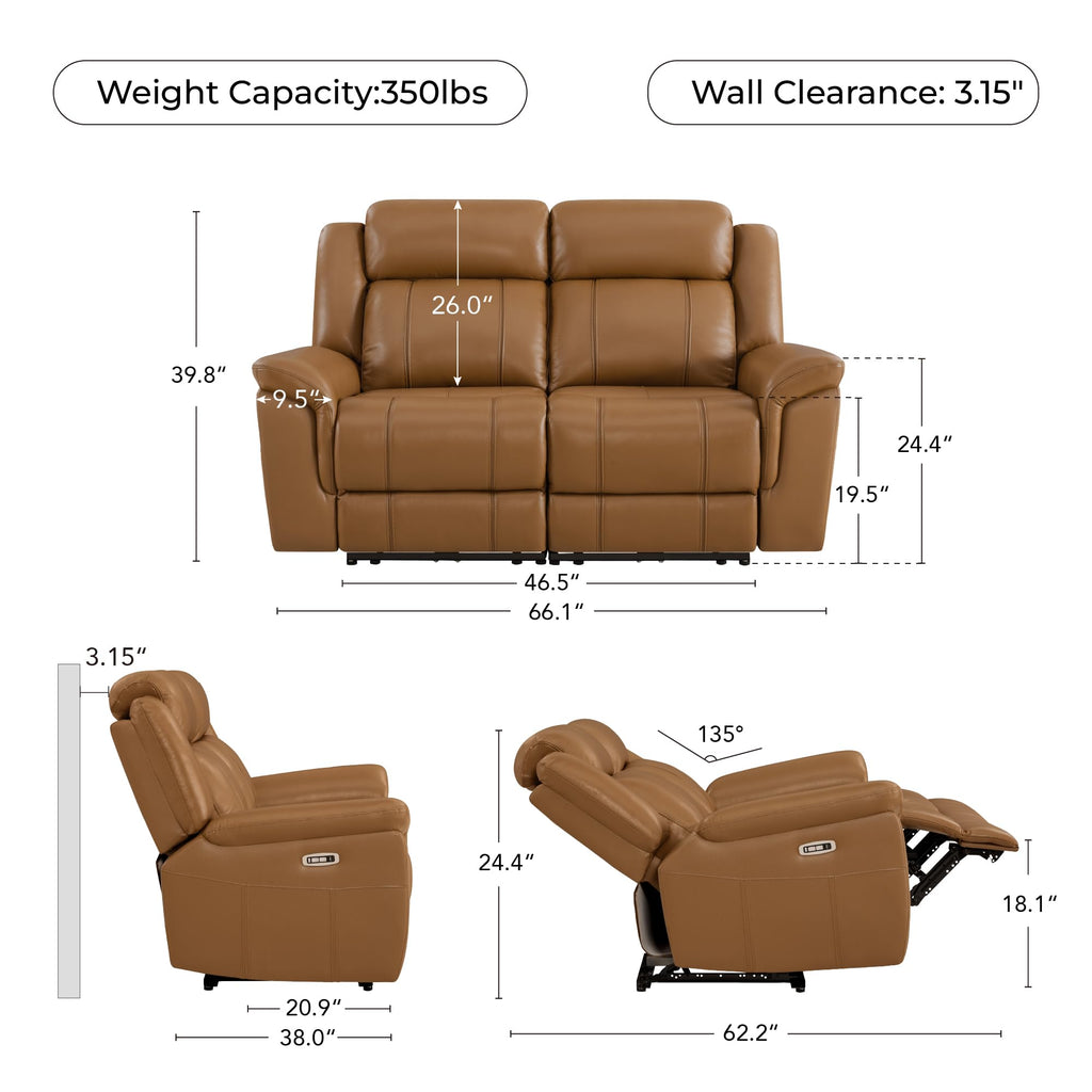 Leather Power Recliner Sofa Wall Hugger, Saddle, Loveseat