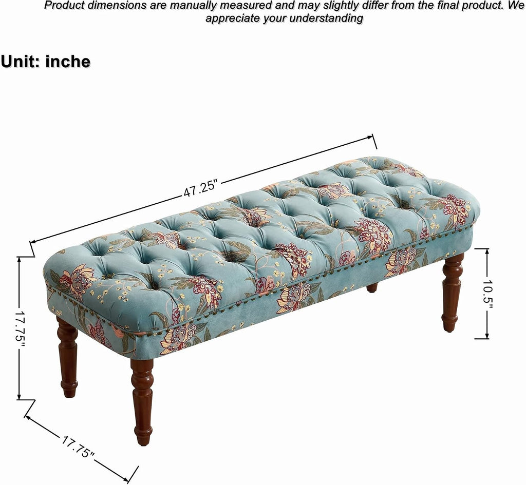 47" Tufted Floral Upholstered Entry Bench, Backless Padded Ottoman Benches with Turned Solid Wood Legs, Modern Indoor