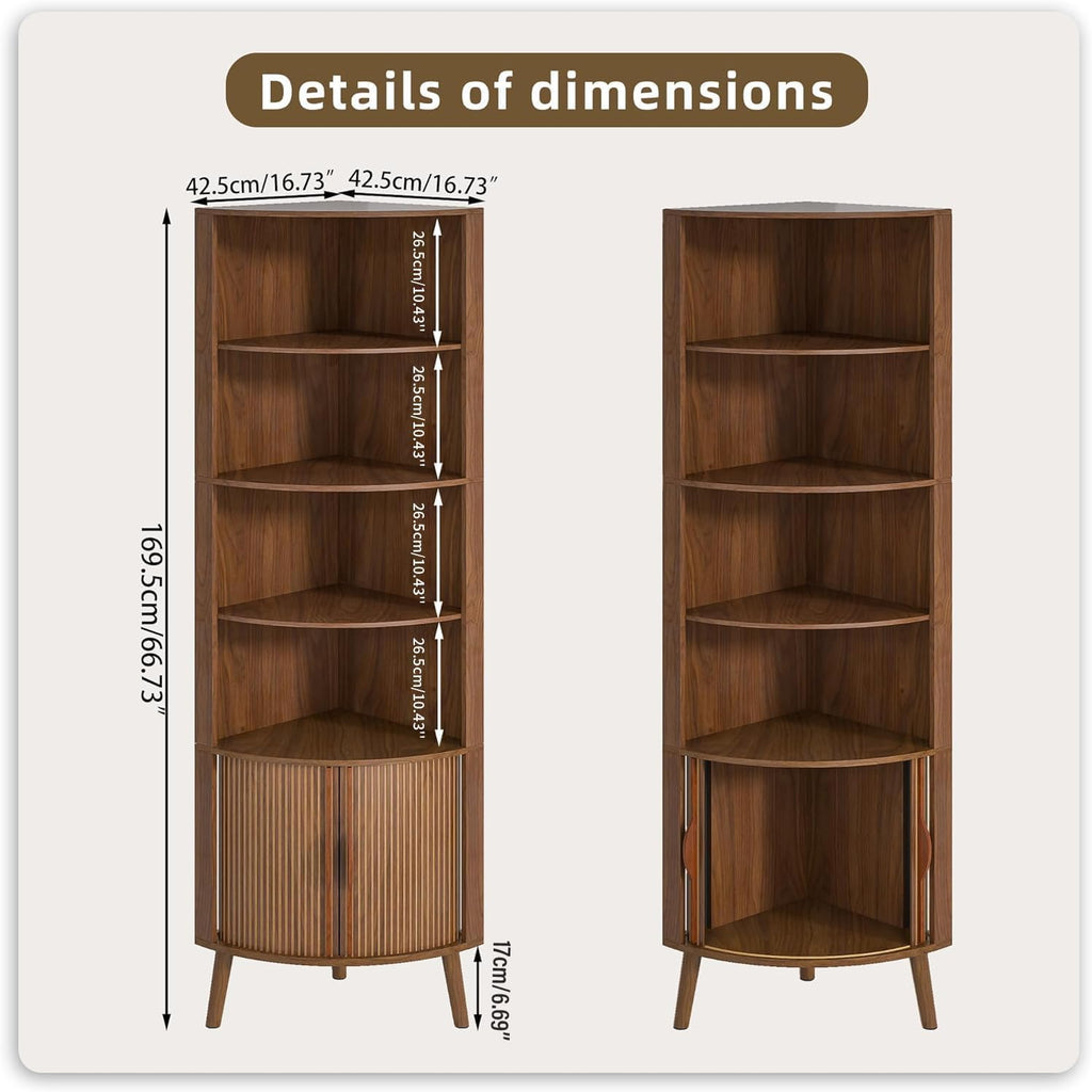 66'' Tall Corner Bookshelf with 2 Fluted Sliding Doors, Walnut