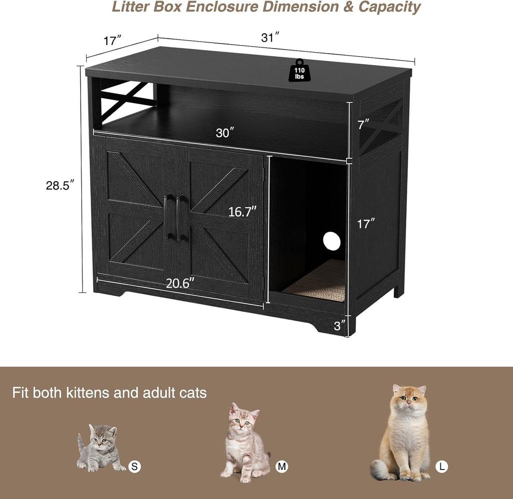Cat Litter Box Enclosure, Hidden Litter Box Furniture with Scratch Pad, Farmhouse Indoor Cat House Washroom End