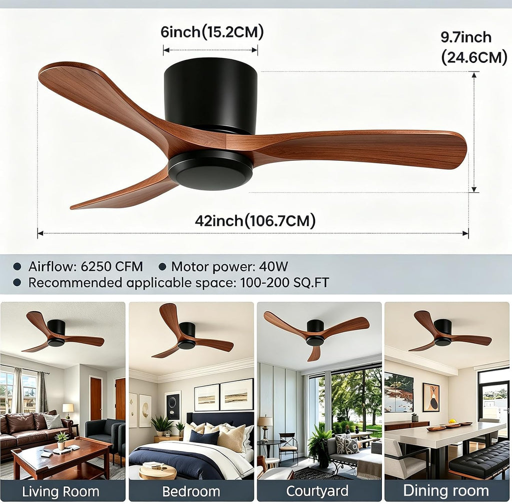 42 Inch Wood Ceiling Fan Without Light - Flush Mount, Remote Control, 3 Blade 6-Speed Reversible DC Motor, Noiseless Timer A101-B0GZNFXZKP
