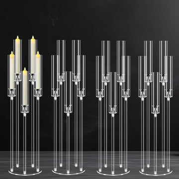 4Pcs 5 Arms Acrylic Candelabra Centerpieces for Tables Decortion,Clear Candle Holder,35 inches Tall Candlesticks