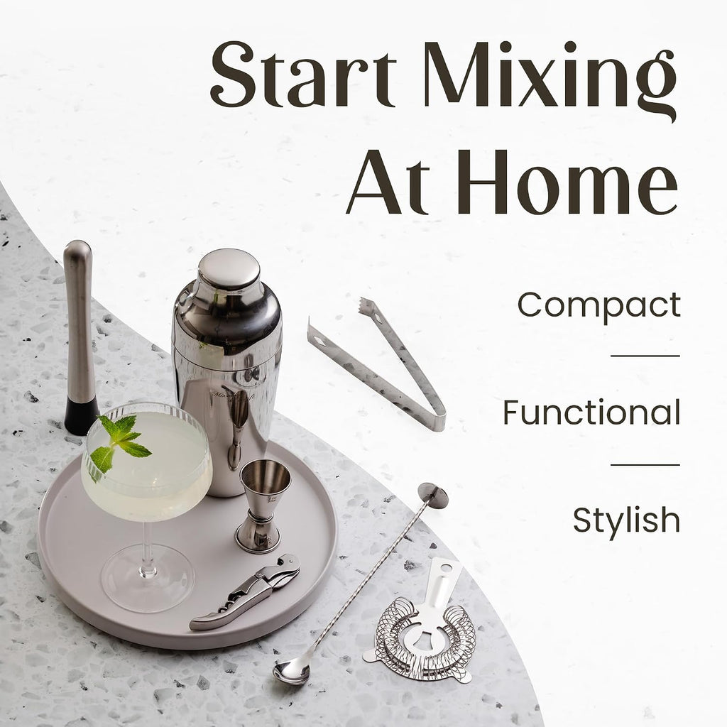 Mixology Cocktail Shaker Set - 10-Piece Cocktail Making Set - Home Bartender Kit in Bamboo Stand with Spoon, Boston - Set of 10