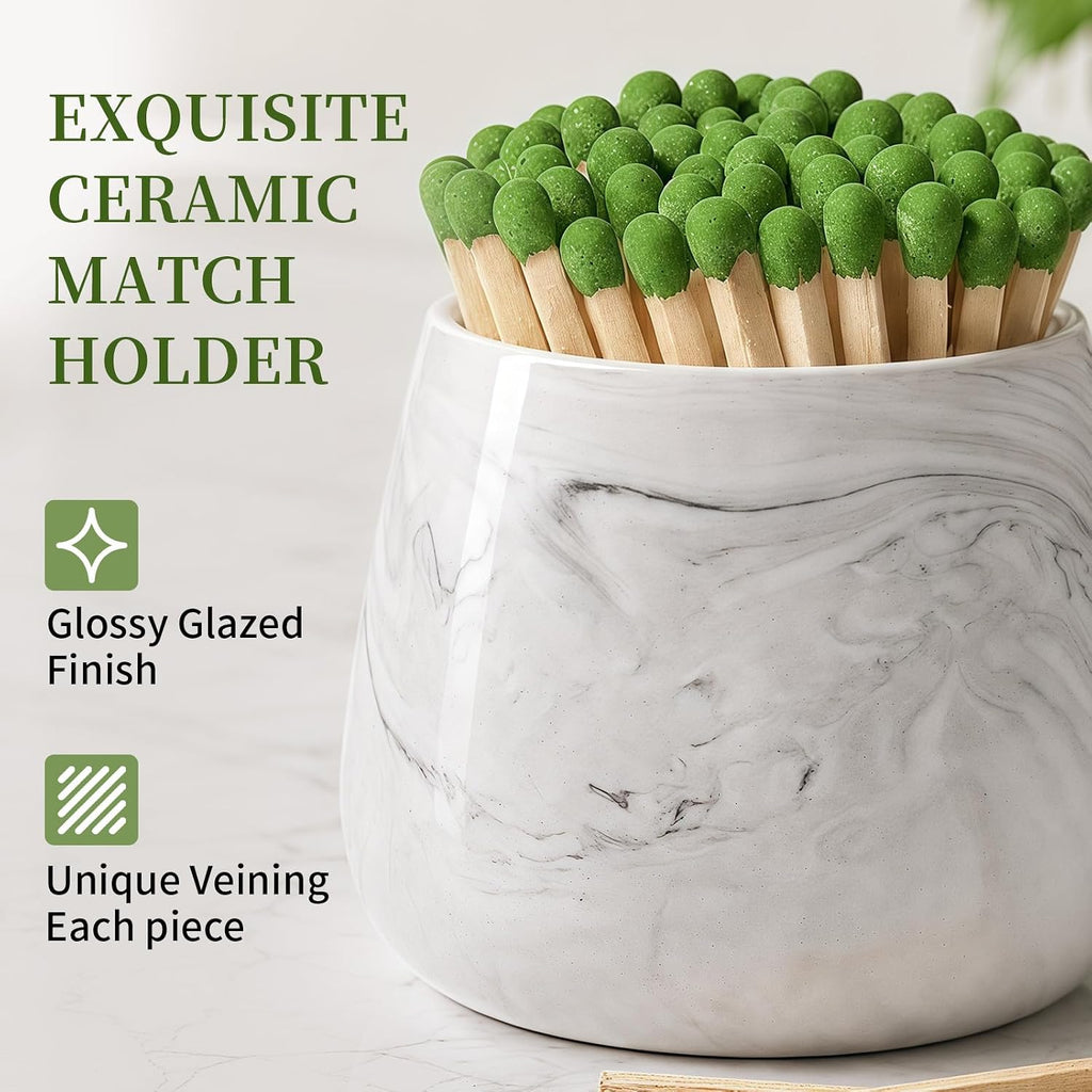 Marble Ceramic Match Holder with Striker Decorative Jar - Set of 2