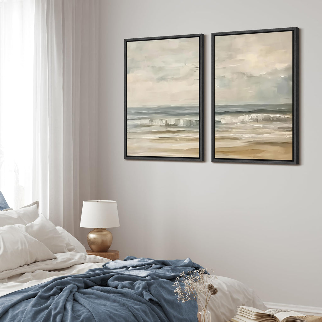 Framed Canvas Print Wall Art Set Beach Ocean with Waves and Sky, Neutral Blue and Beige Seascape Illustrations Modern