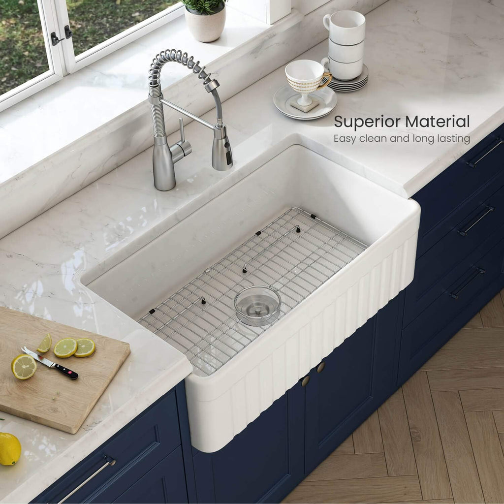 K2-SF33 33-inch Single Bowl Fireclay Farmhouse Sink | Apron Front, Heat Safe Glazing | Scratch & Stain Resistant |