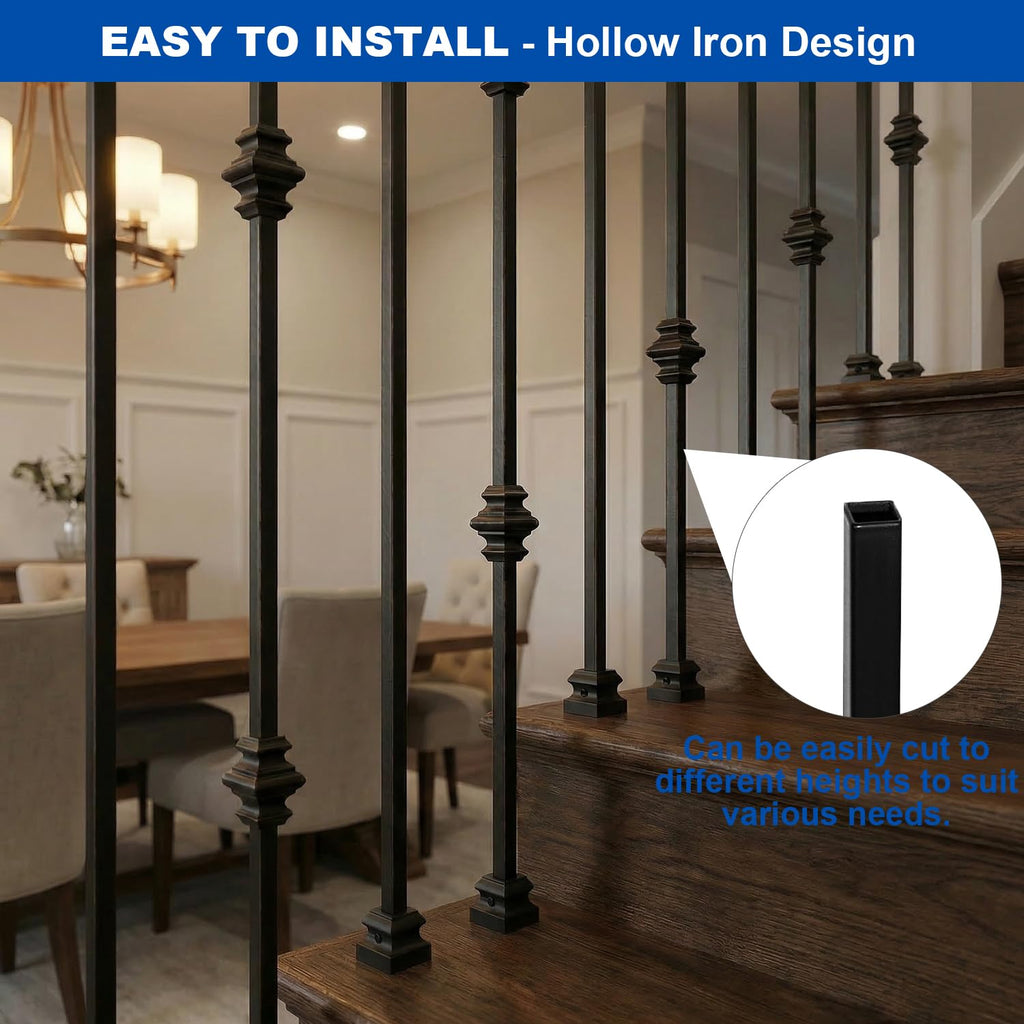 44" Iron Double Collar Balusters for Staircase Interior, 1/2" Hollow Stair Balusters, Matte Black Metal Balusters
