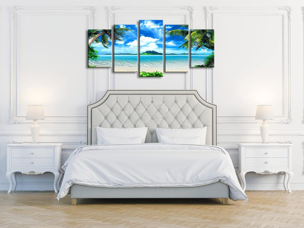 Modern 5 Panels Blue Sea Beach Pictures Paintings on Canvas Wall Art Stretched Contemporary Landscape Ocean Canvas