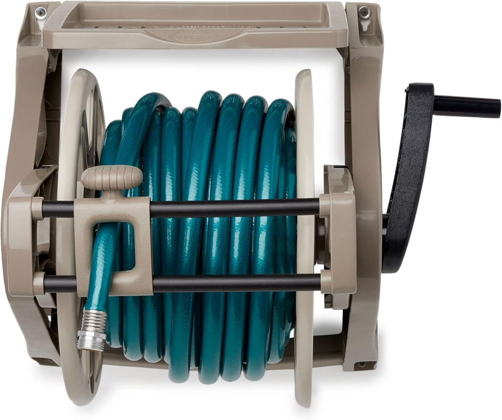 Slide Trak Garden Hose Reel, Wall-Mount Holder with Storage Tray, Dark Taupe - Outdoor Mounted Organizer for 175 Ft