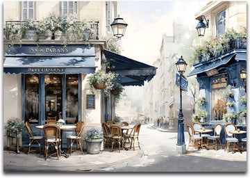 Framed Street View Wall European Coffee Shop Canvas Print, Paris City Scene Painting, Vintage Cafe Artwork Dining
